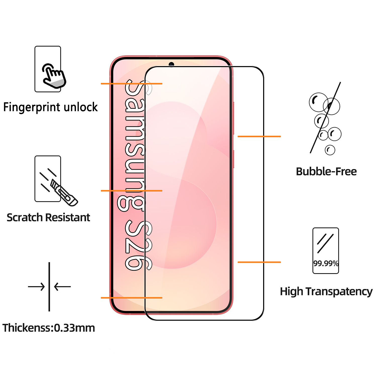 2.5D Tempered Glass Silk Print Full coverage Screen Protector for Samsung S26 Plus S26 Ultra Unlocked Fingerprint