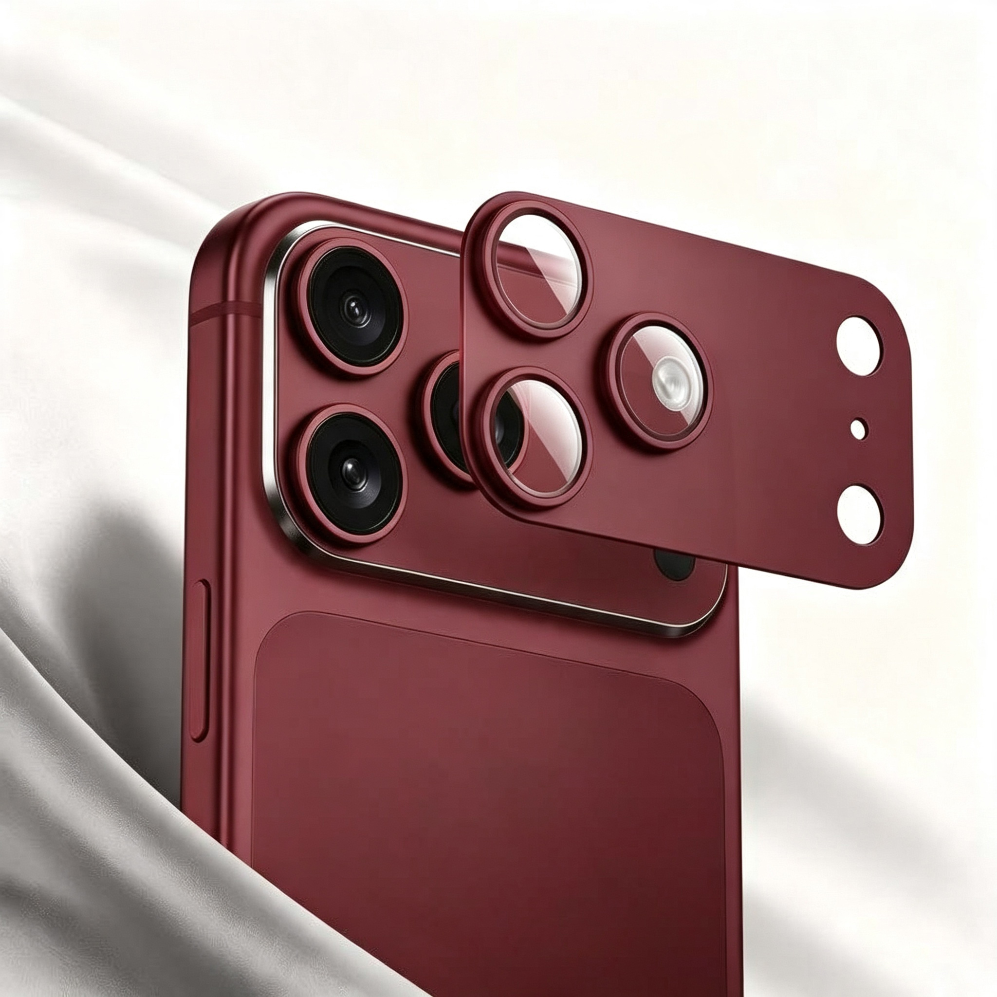 Deep Cherry Matte Metal Armor Full Cover Camera Lens Protector for iPhone 18 Pro / 18 Pro Max